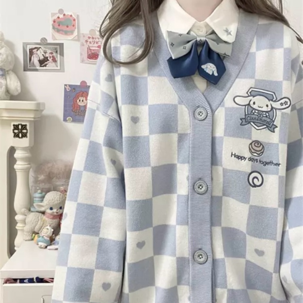 Cute Checkered Blue & White Cardigan Sweater with Cartoon Patch